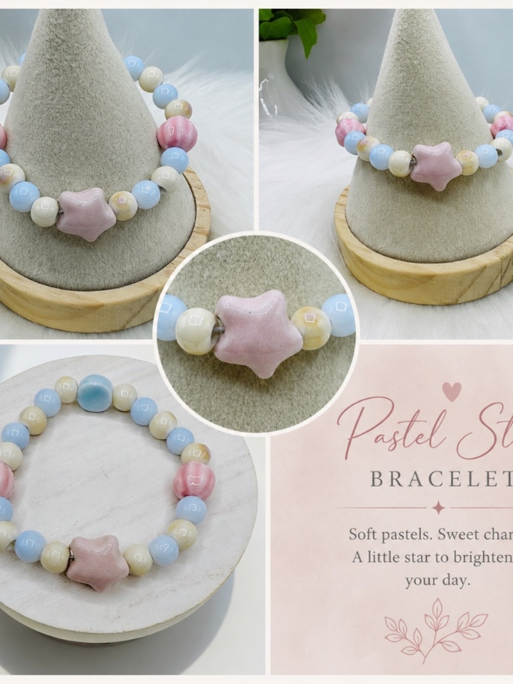 Ceramic Pastel beaded Stretch Bracelet w/ Pink Ceramic Star Bead